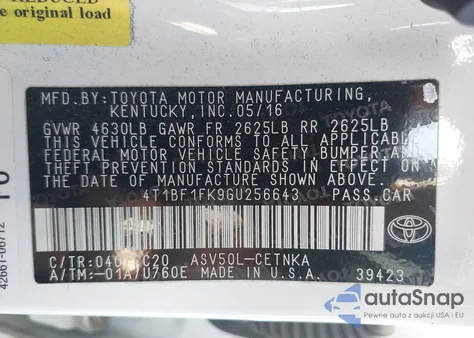 2016 Toyota Camry Le z USA, uszkodzony, nr VIN 4T1BF1FK9GU256643